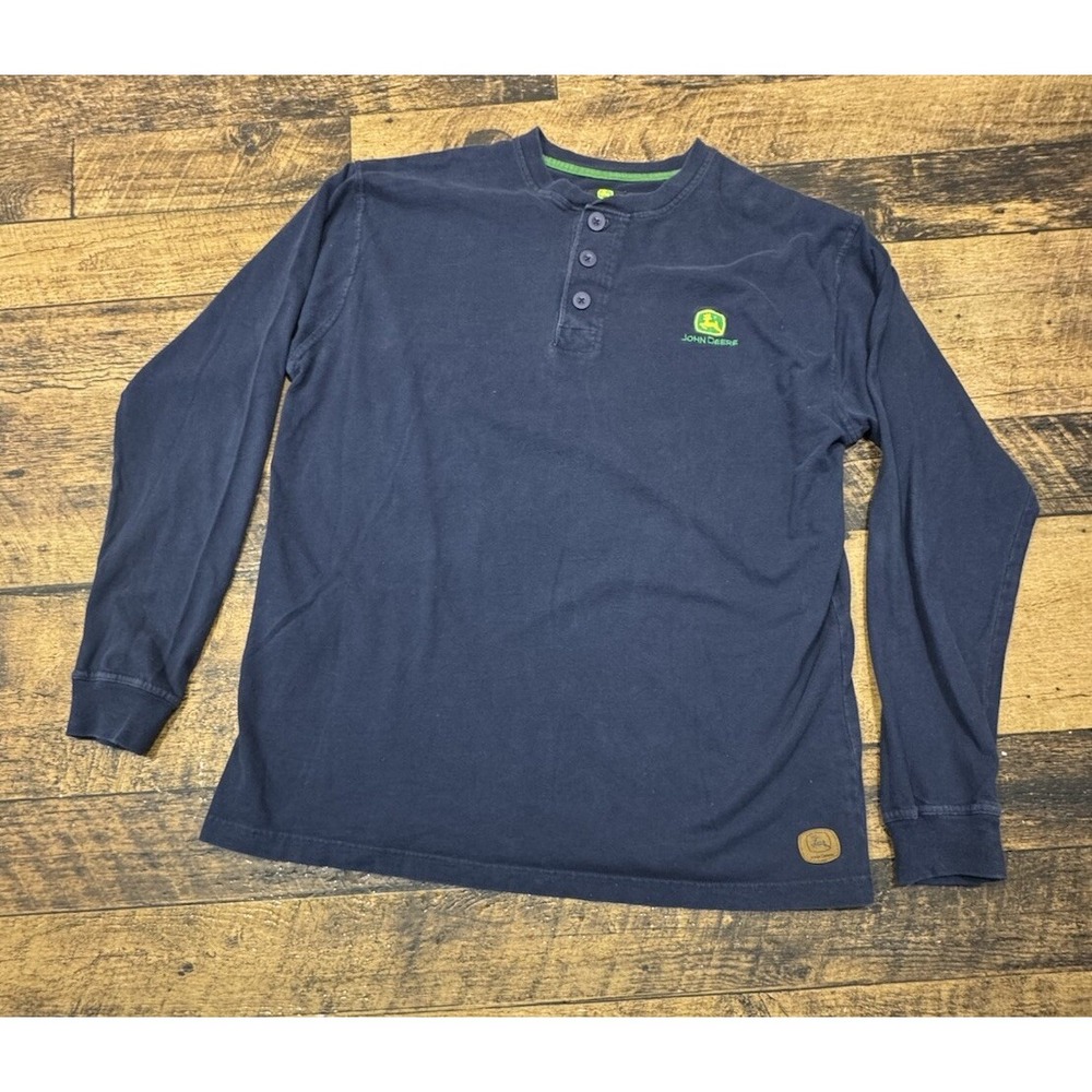 JOHN‎ DEERE Leather Logo Long Sleeve T-Shirt L Henley Button Up 100% Cotton Blue